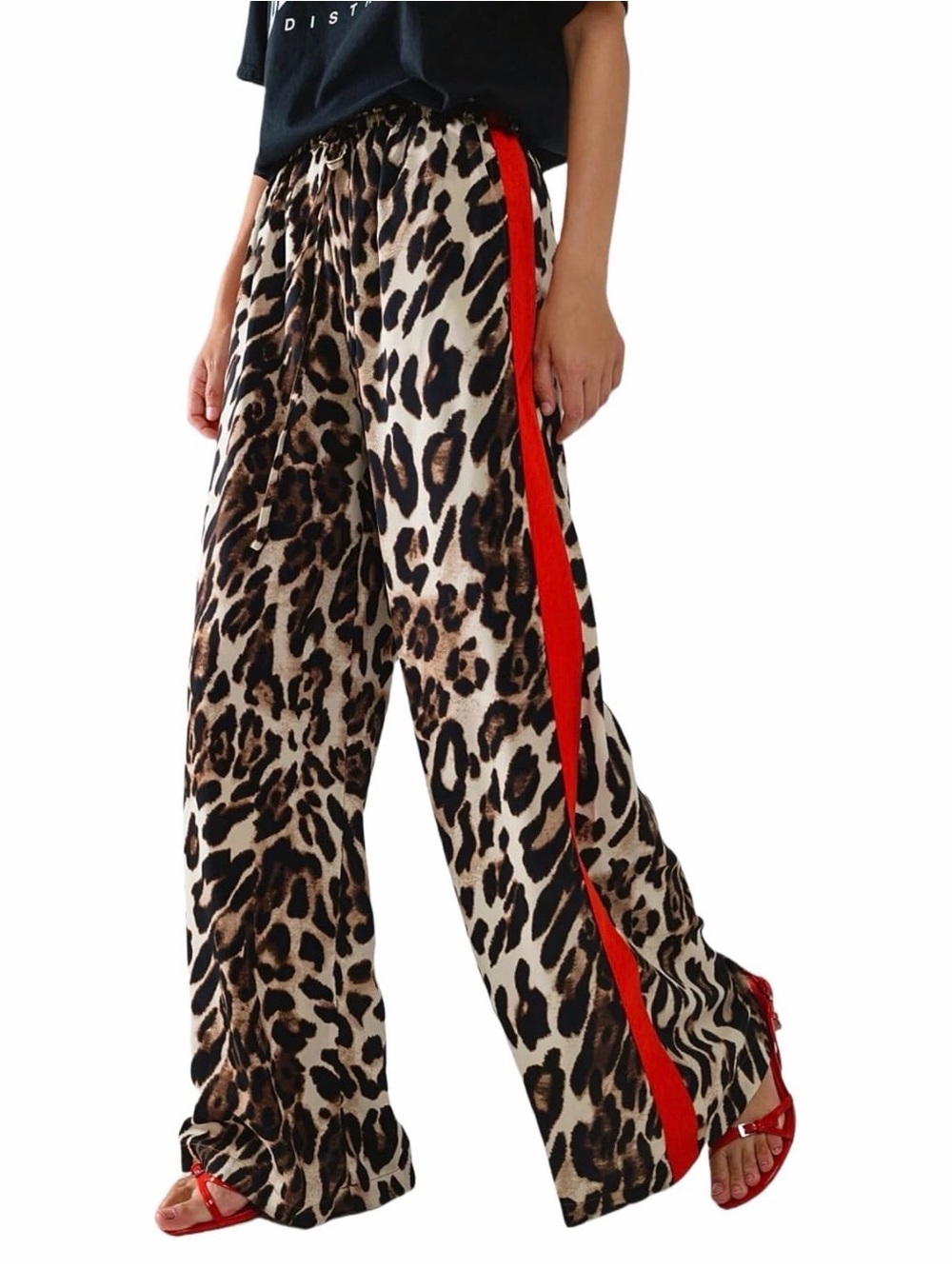 Leopard Print Wide-Leg Pants with Red Side Stripe